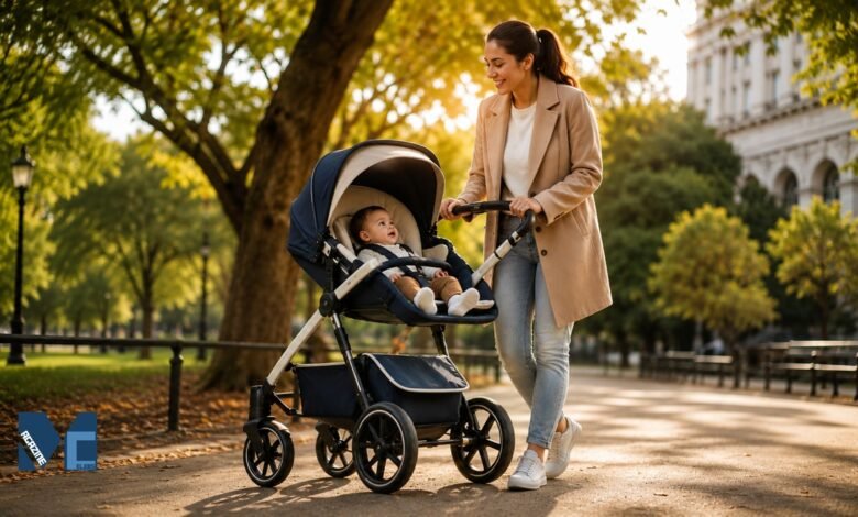 Parent pushing a navy and cream baby stroller with a child in a parent-facing seat along a sunlit tree-lined park pathway during golden hour.