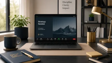 A clean, professional home office desk setup featuring a laptop displaying a 'Strategy Session' virtual meeting, with a notebook, pen, and organized workspace.
