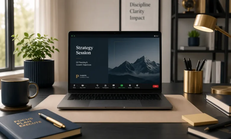 A clean, professional home office desk setup featuring a laptop displaying a 'Strategy Session' virtual meeting, with a notebook, pen, and organized workspace.