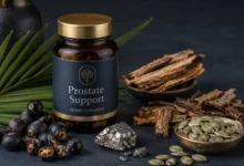 An elegant product display of a Prostate Support dietary supplement bottle surrounded by botanical ingredients including saw palmetto berries, pumpkin seeds, pygeum bark, and a zinc mineral stone on a dark surface.
