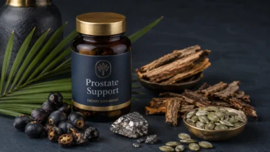 An elegant product display of a Prostate Support dietary supplement bottle surrounded by botanical ingredients including saw palmetto berries, pumpkin seeds, pygeum bark, and a zinc mineral stone on a dark surface.