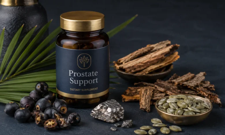 An elegant product display of a Prostate Support dietary supplement bottle surrounded by botanical ingredients including saw palmetto berries, pumpkin seeds, pygeum bark, and a zinc mineral stone on a dark surface.