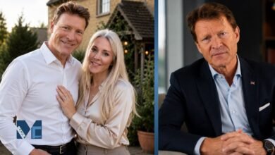 A composite portrait of Richard Tice and Isabel Oakeshott, featuring them together in a casual outdoor setting and a professional solo portrait of Richard Tice.