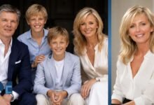 Sally Meen featured in a family portrait alongside a professional headshot highlighting her television and interior design career