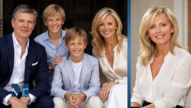 Sally Meen featured in a family portrait alongside a professional headshot highlighting her television and interior design career