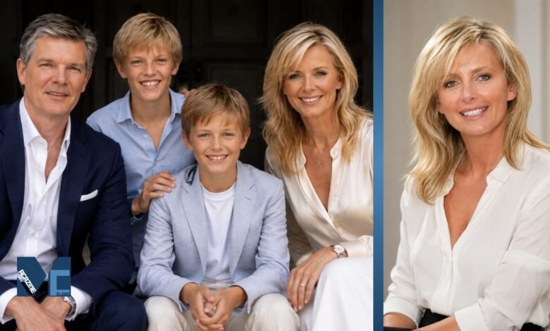 Sally Meen featured in a family portrait alongside a professional headshot highlighting her television and interior design career