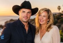 A portrait of Sandy Mahl smiling warmly alongside her former husband, country music star Garth Brooks, standing outdoors at sunset.
