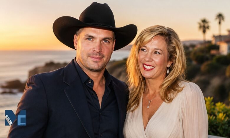 A portrait of Sandy Mahl smiling warmly alongside her former husband, country music star Garth Brooks, standing outdoors at sunset.