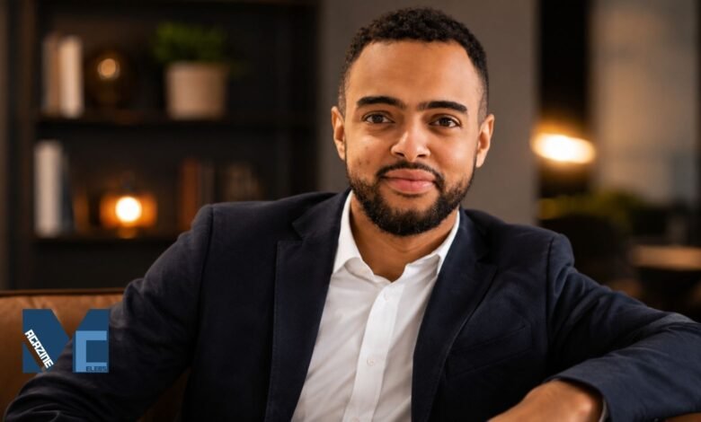 A professional portrait of Sened Teame, CFO of Cloud Nine AB and older brother of footballer Alexander Isak, sitting in a modern office.