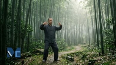 A practitioner holding the traditional Stand Pile (Zhan Zhuang) tree-hugging posture in a serene bamboo forest.