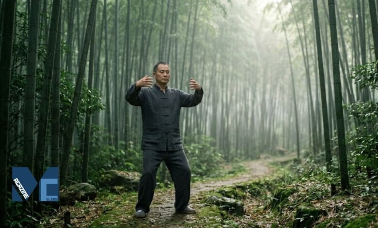 A practitioner holding the traditional Stand Pile (Zhan Zhuang) tree-hugging posture in a serene bamboo forest.