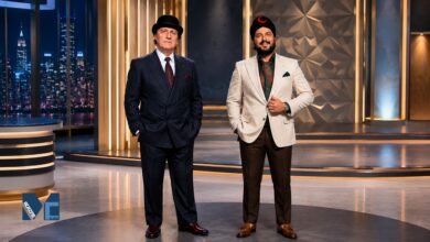 Thomas Henty, son of legendary comedian Tommy Cooper, featured in a television studio-inspired portrait.
