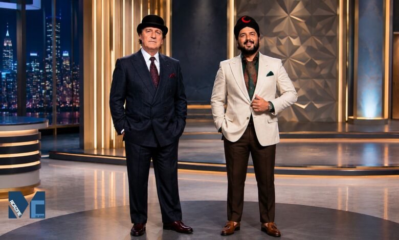 Thomas Henty, son of legendary comedian Tommy Cooper, featured in a television studio-inspired portrait.