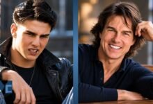 A split-screen before and after comparison portrait of actor Tom Cruise, showing his misaligned teeth during his early career on the left and his perfect, bright Hollywood smile makeover on the right.