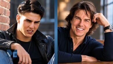 A split-screen before and after comparison portrait of actor Tom Cruise, showing his misaligned teeth during his early career on the left and his perfect, bright Hollywood smile makeover on the right.