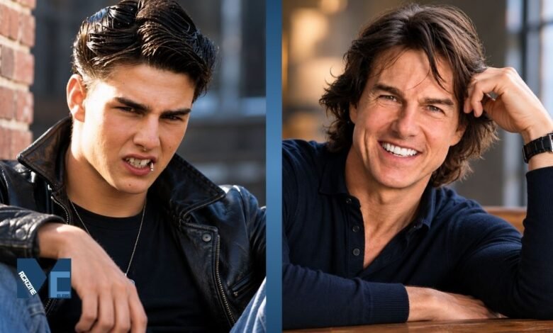 A split-screen before and after comparison portrait of actor Tom Cruise, showing his misaligned teeth during his early career on the left and his perfect, bright Hollywood smile makeover on the right.