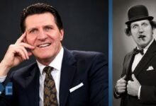 Portrait collage featuring Tommy Cooper in a modern studio-style image alongside a classic black-and-white comedy portrait