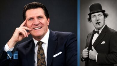 Portrait collage featuring Tommy Cooper in a modern studio-style image alongside a classic black-and-white comedy portrait