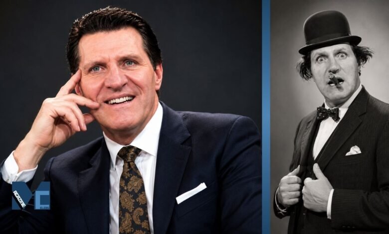 Portrait collage featuring Tommy Cooper in a modern studio-style image alongside a classic black-and-white comedy portrait