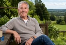 Tommy Walsh sitting outdoors in a countryside garden setting, known for Ground Force and Homes Under the Hammer.