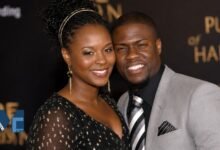 Torrei Hart smiling elegantly in a black dress while posing alongside her then-husband, comedian Kevin Hart, at a Hollywood red carpet event.