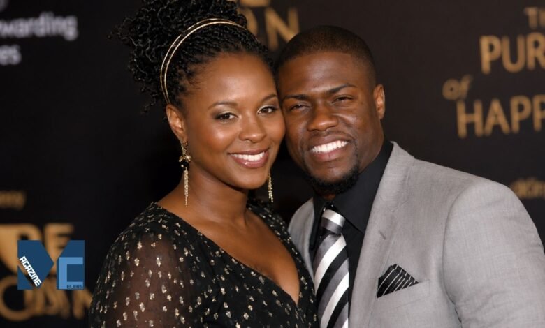 Torrei Hart smiling elegantly in a black dress while posing alongside her then-husband, comedian Kevin Hart, at a Hollywood red carpet event.