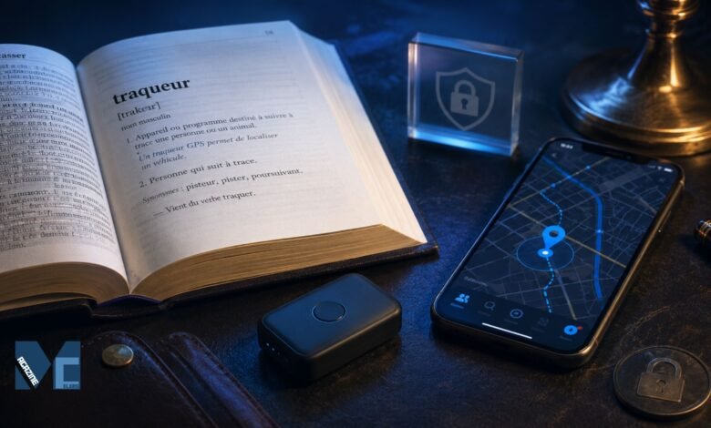 French dictionary displaying the word traqueur beside a GPS tracking device and smartphone location map.