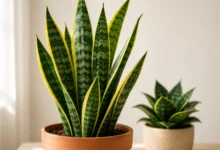 A high-quality indoor shot of a trifasciata sansevieria Laurentii plant in a terracotta pot with a smaller compact Hahnii rosette variety in the background.