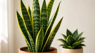 A high-quality indoor shot of a trifasciata sansevieria Laurentii plant in a terracotta pot with a smaller compact Hahnii rosette variety in the background.