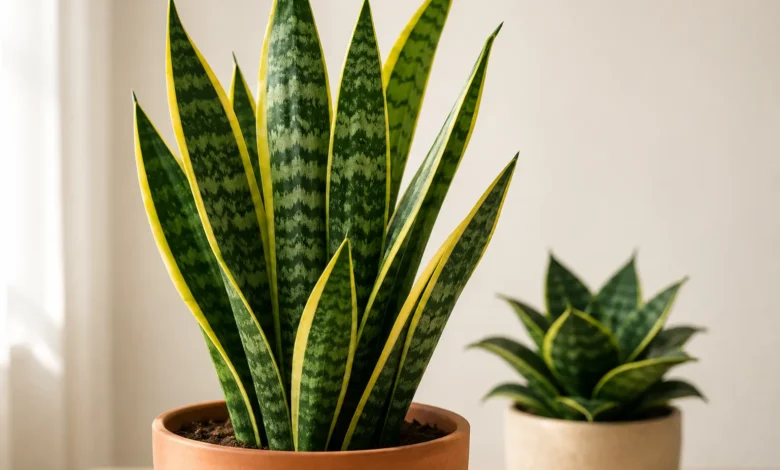 A high-quality indoor shot of a trifasciata sansevieria Laurentii plant in a terracotta pot with a smaller compact Hahnii rosette variety in the background.