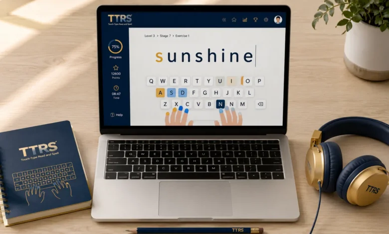 A laptop screen displaying the Touch-Type Read and Spell (TTRS) online platform interface with visual keyboard guides, alongside a TTRS notebook and headphones on a wooden desk.