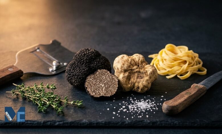 Black Périgord truffle and white Alba truffle displayed with fresh pasta and a truffle shaver.
