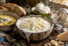 Fresh Italian stracciatella cheese made with shredded mozzarella curds and cream served in a rustic bowl