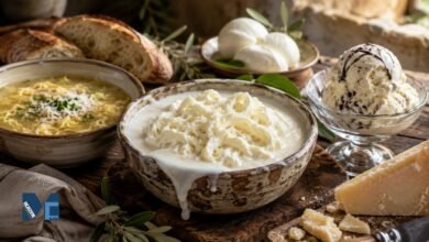Fresh Italian stracciatella cheese made with shredded mozzarella curds and cream served in a rustic bowl