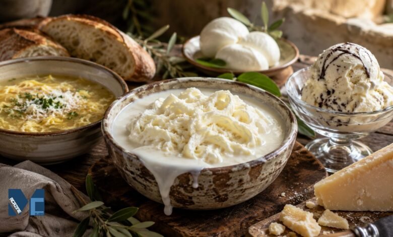 Fresh Italian stracciatella cheese made with shredded mozzarella curds and cream served in a rustic bowl
