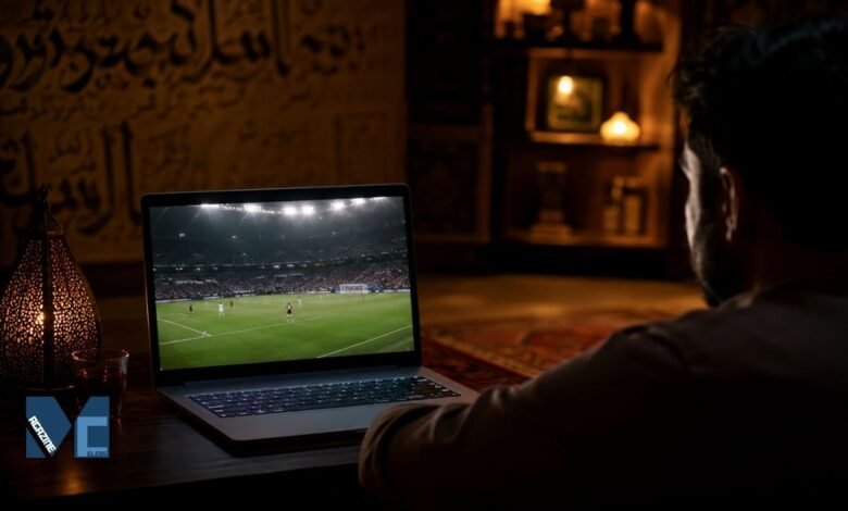 Person watching a live football match on a laptop using an online football streaming platform