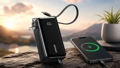 Black Anker 3-in-1 30W Fusion power bank with a digital display, foldable plug, and built-in USB-C cable charging an iPhone.