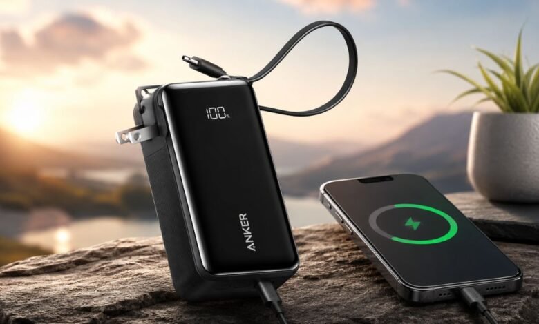 Black Anker 3-in-1 30W Fusion power bank with a digital display, foldable plug, and built-in USB-C cable charging an iPhone.