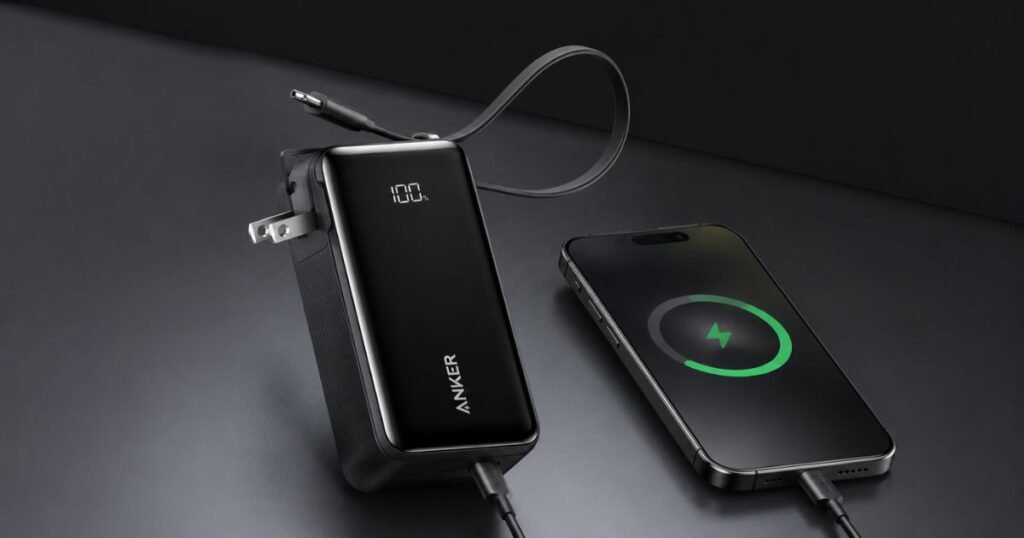 Black Anker 3-in-1 30W Fusion power bank with a digital display and built-in cable charging an iPhone on a dark background.