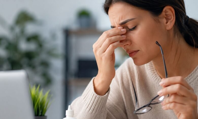 Woman experiencing dry eye symptoms while working on a laptop with eye drops and glasses on a desk in a modern workspace.