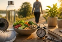 Healthy lifestyle essentials including nutritious food, walking, hydration, exercise gear, and vision care representing daily habits for adults over 40.