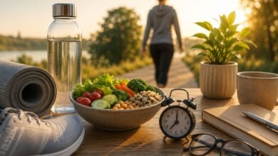 Healthy lifestyle essentials including nutritious food, walking, hydration, exercise gear, and vision care representing daily habits for adults over 40.