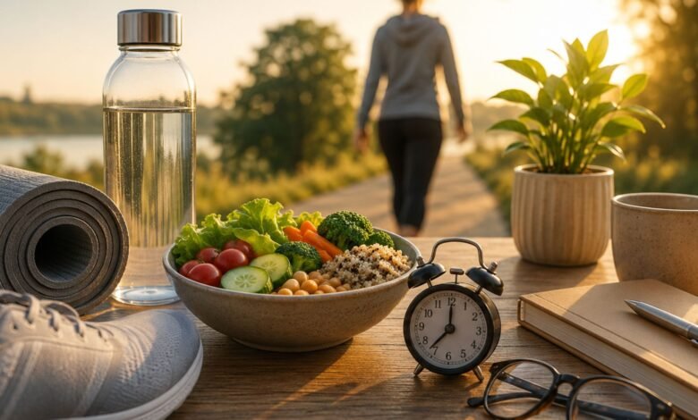 Healthy lifestyle essentials including nutritious food, walking, hydration, exercise gear, and vision care representing daily habits for adults over 40.