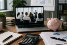 Business professionals planning a staff training budget with financial reports, online learning, calculator, and workplace training resources.