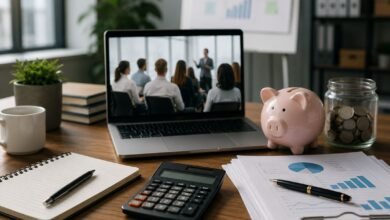 Business professionals planning a staff training budget with financial reports, online learning, calculator, and workplace training resources.
