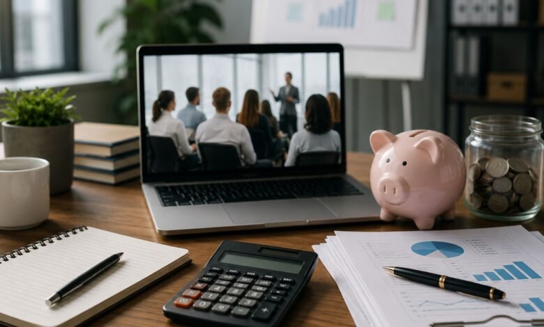 Business professionals planning a staff training budget with financial reports, online learning, calculator, and workplace training resources.