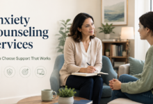 Therapist providing anxiety counseling services to a client in a calm counseling session