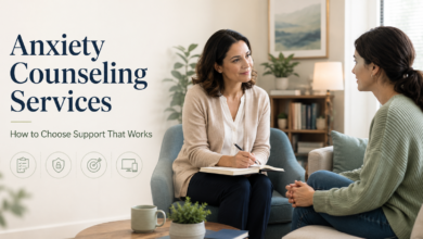 Therapist providing anxiety counseling services to a client in a calm counseling session
