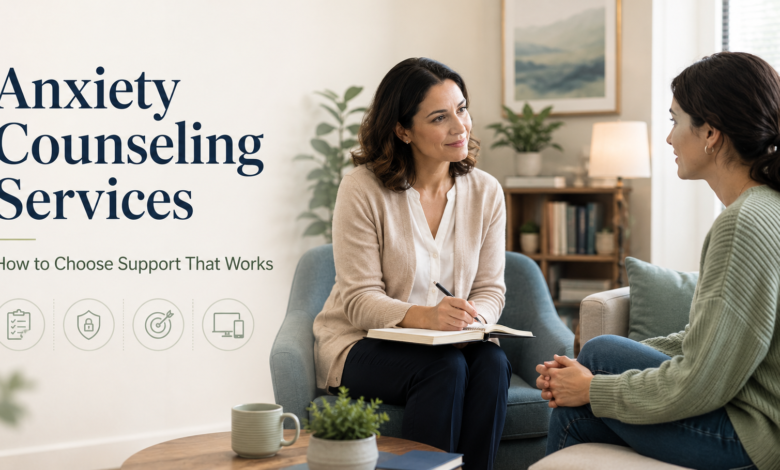 Therapist providing anxiety counseling services to a client in a calm counseling session