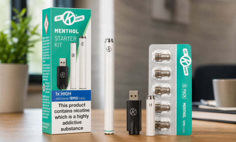 Cigalike vape starter kit with menthol cartridges and USB charger